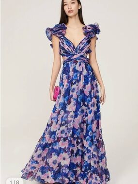 Ieena for Mac Duggal Blue and Pink Floral Pleated Maxi Gown